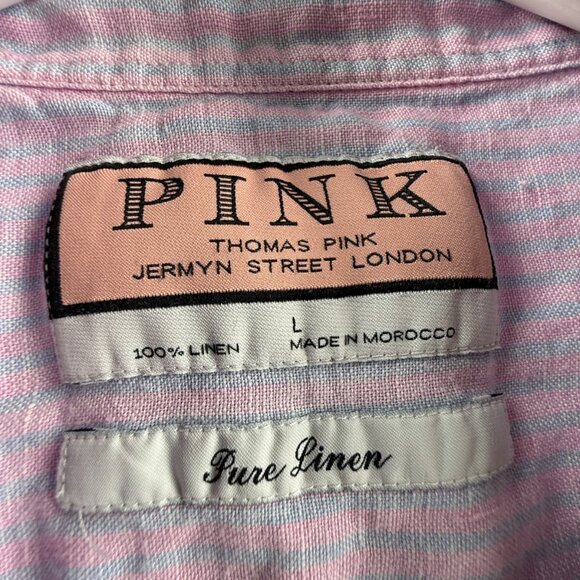 Thomas Pink Large Short Sleeve Striped Linen Pink Button Up Shirt Mens Spread - Picture 8 of 10